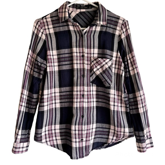 Zara Basic Botton Down Navy Pink White Plaid Flannel Shirt. Size: M - Picture 1 of 12